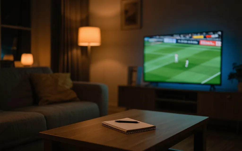 夜晚客厅里用电视观看足球全场录像,桌上有笔记本与时间规划,电影感