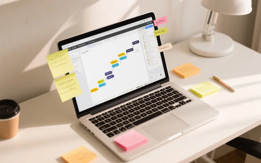 桌面俯拍:笔记本电脑上是比赛时间轴与标签系统,旁边有手写笔记与便利贴,干净的编辑台